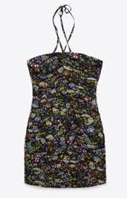 Black Paisley Ruched Body-con Halter Mini Dress